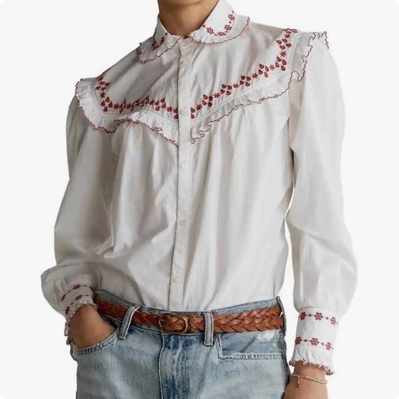 Polo Ralph Lauren Tops - Polo Ralph Lauren Ruffle Embroidered Western Blouse - White red Size Extra Small